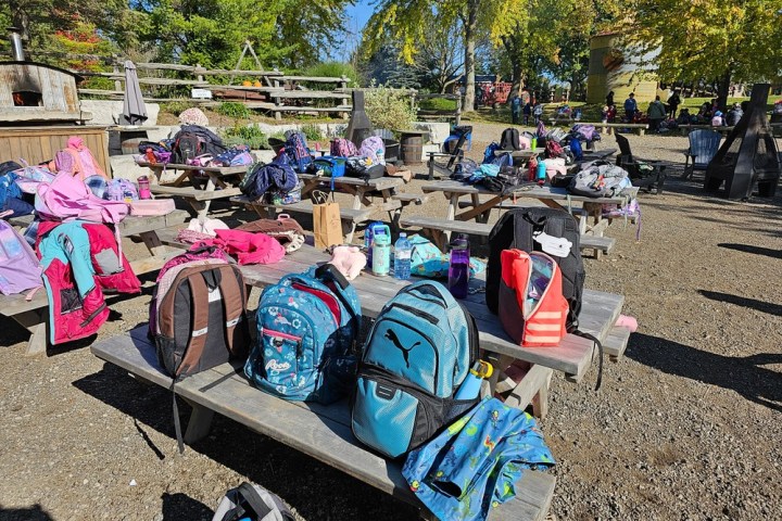 Picnic tables with backpacks, jackets, and water bottles in a sunny outdoor park area.