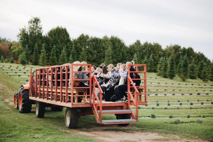 A group of people on a red wagon pulled by a tractor in a field with trees.