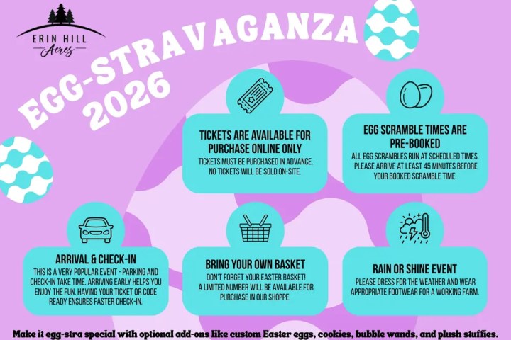 Purple flyer for Egg-Stravaganza 2026 with event details and icons on Erin Hill Acres.