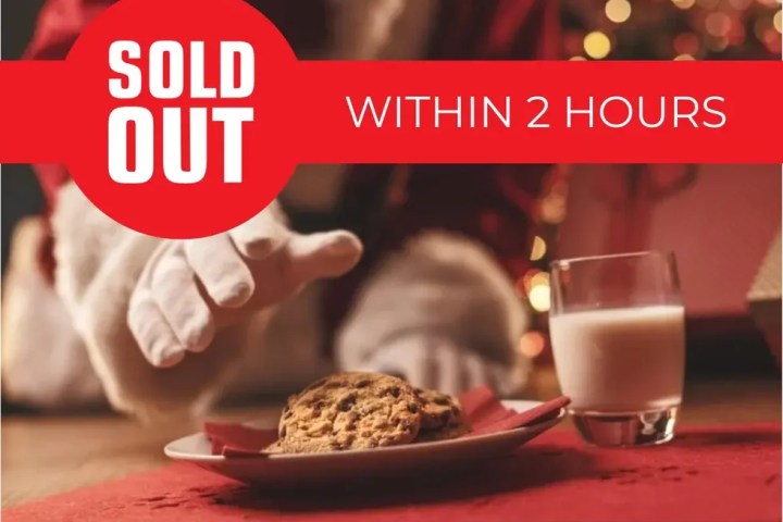 Santa's hand reaching for cookies and milk, with 'Sold Out Within 2 Hours' text overlay.
