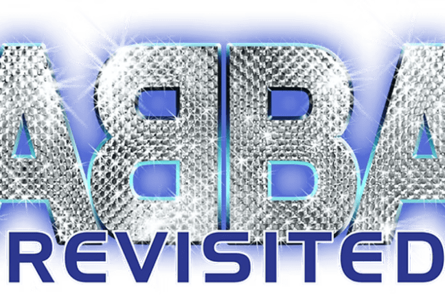 Text 'ABBA REVISITED' in sparkly silver letters on a blue background.