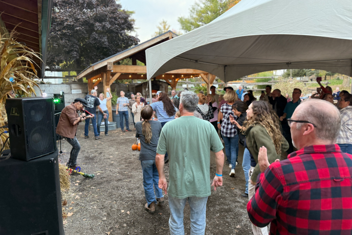 Crowd dancing outdoors under a tent while a musician performs.