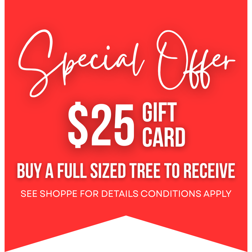 Red background with text: Special Offer, $25 gift card with full-sized tree purchase, details apply.