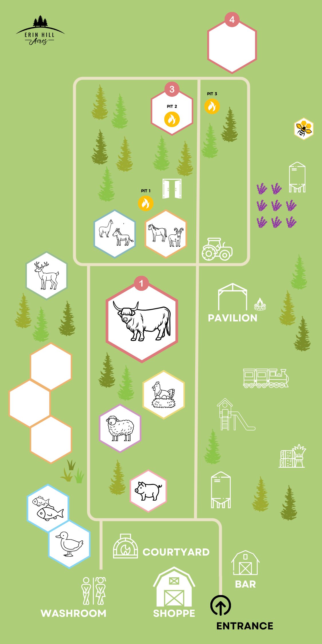 Farm layout map with animal areas, fire pits, pavilion, washroom, courtyard, and shoppe.