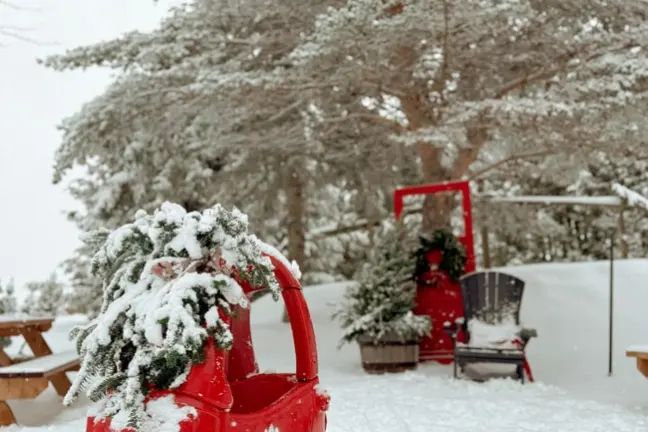 Snow-covered red toy car with wreath, trees and snowy furniture in background.