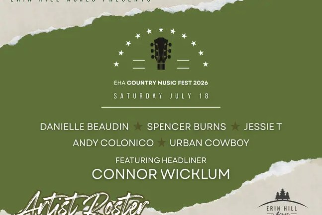 Poster for EHA Country Music Fest 2026 on July 18, featuring Connor Wicklum and others at Erin Hill Acres.