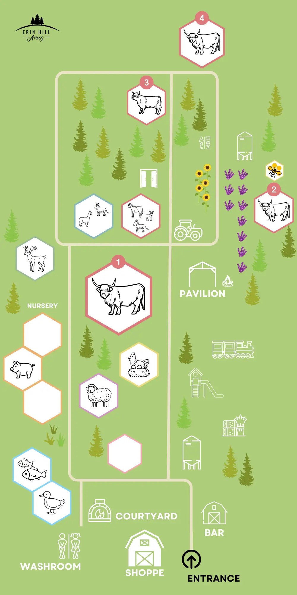 Illustrated zoo map with animal icons, trees, paths, and facilities.